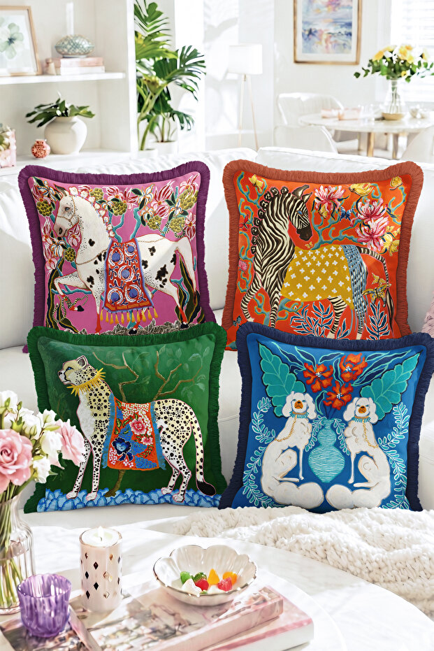 Colorful Animal Figured Horse, Zebra, Leopard and Dog Patterned 4-Piece Fringed-Tasseled Throw Pillow Cover Set