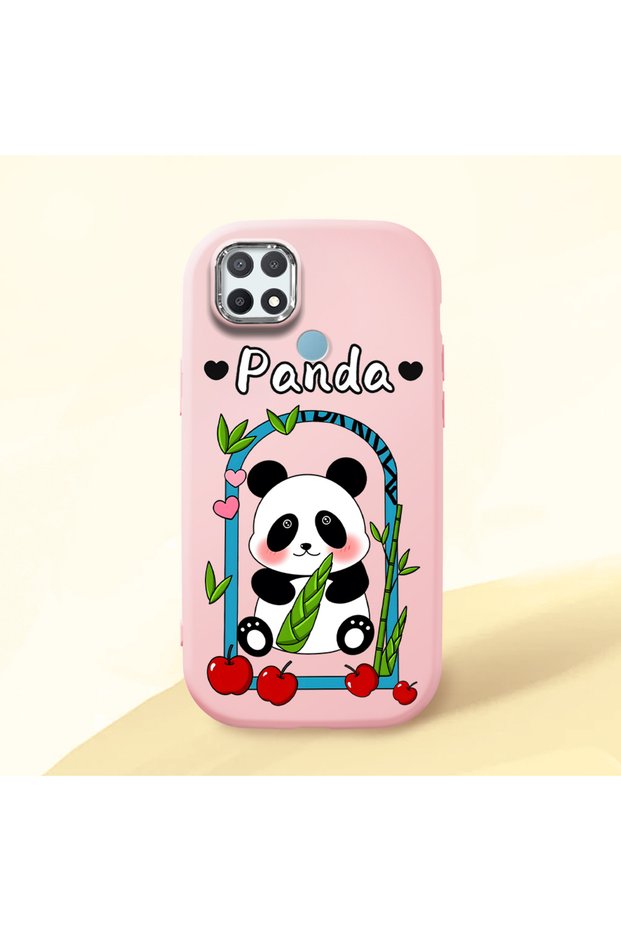 Oppo A15 Compatible Case Camera Protector Pink Silicone Couple Phone Case Panda Patterned
