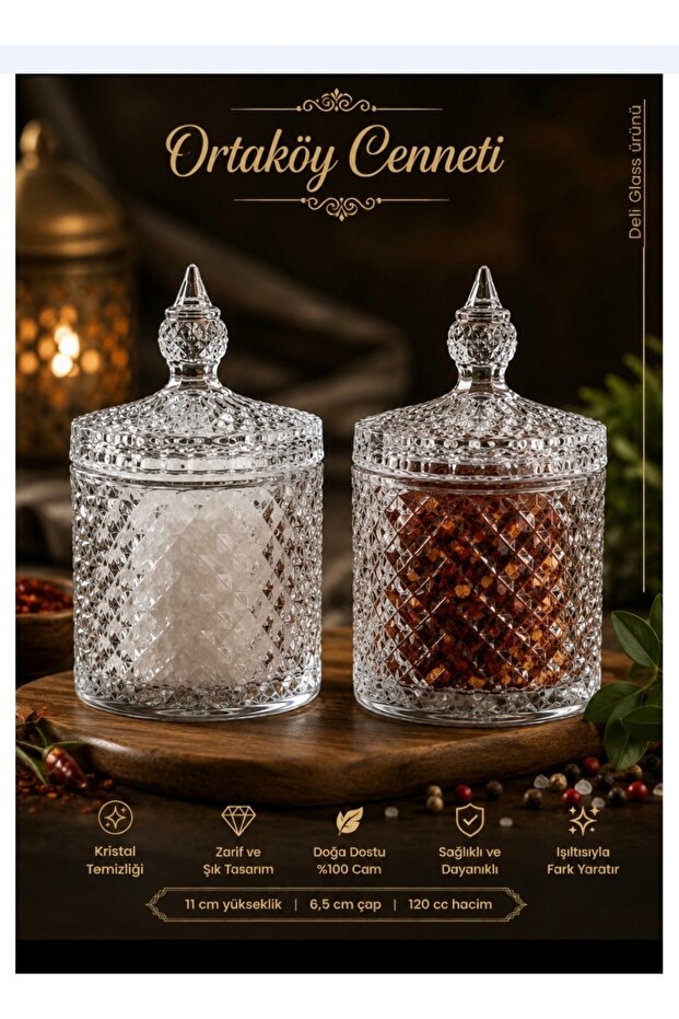 2 Pcs Crystallized Glass Salt and Pepper Shakers, Stylish, High-Quality, Thick Product, 120 Cc Volume, with Lid, 11 cm Length, 6.5 cm Diameter.