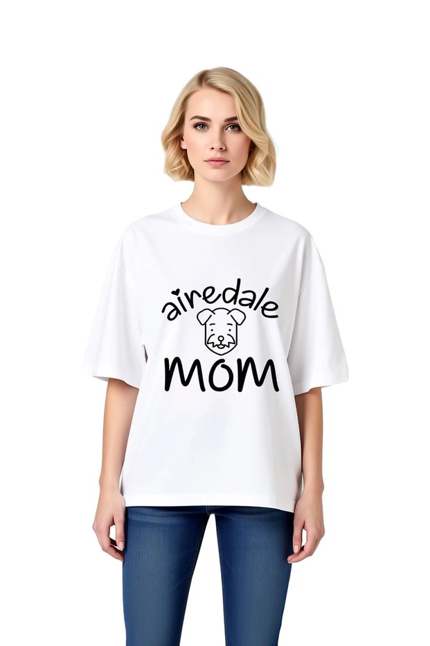 Women's Oversize Airedale Mom Printed Short Sleeve T-Shirt %100 Cotton Relaxed Cut Casual Modern Stylish
