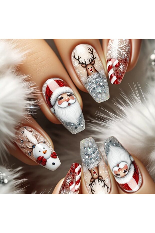 2965 Medium long fake nails for Christmas party Cute snowman Santa Claus gift snowflake square almon