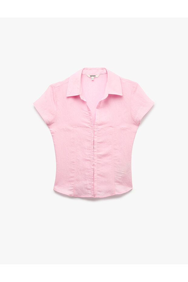 Viscose Slim Fit Shirt with Open Collar and Short Sleeves with Corset Detail