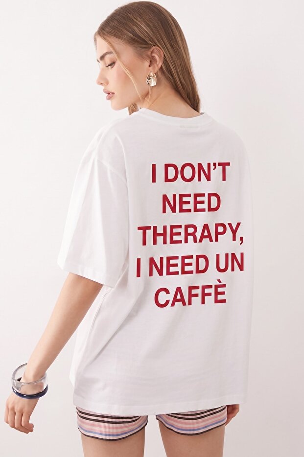 Women's Oversize T-Shirt Caffè Therapy Printed White – Crew Neck, Comfortable Fit, 100% Cotton