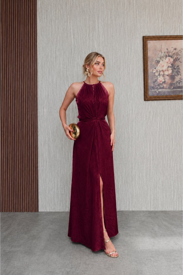 Burgundy Tie-Detail Waist Slit Dress