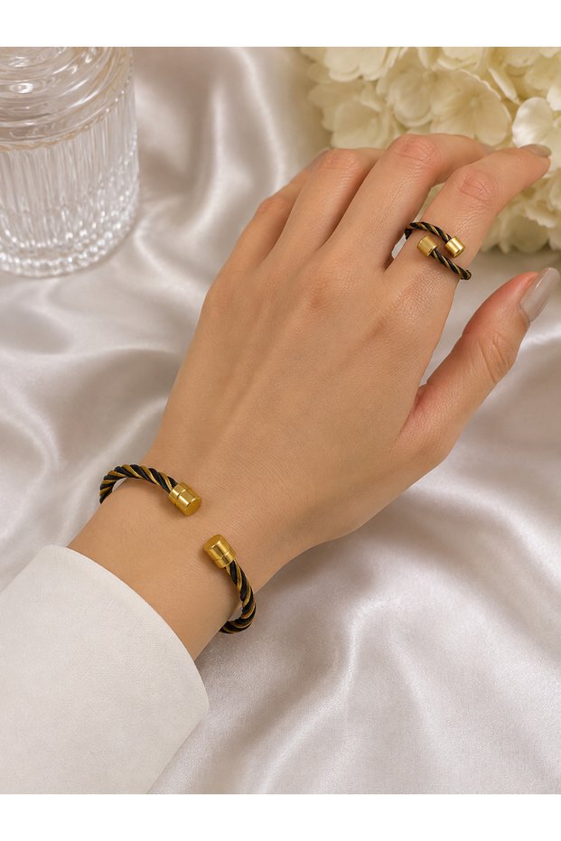 Gold Black Rope Design Steel Handcuff Bracelet – Modern Unisex Bracelet