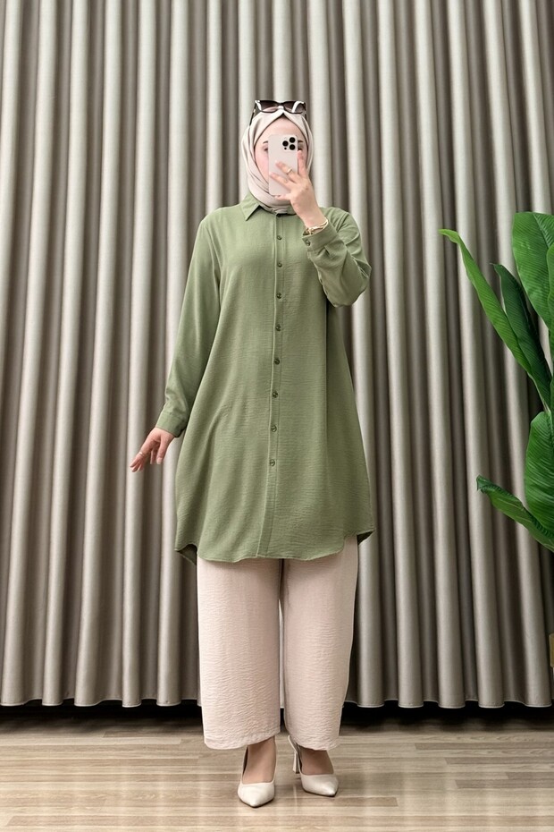 Asalet Tunic Ayrobin Fabric Women's Khaki Buttoned Casual Hijab Shirt