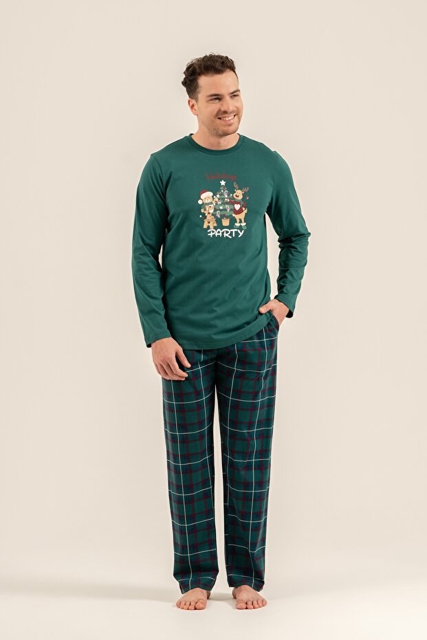 Special New Year's Green Men's Pajama Set for Couples, 100% Cotton