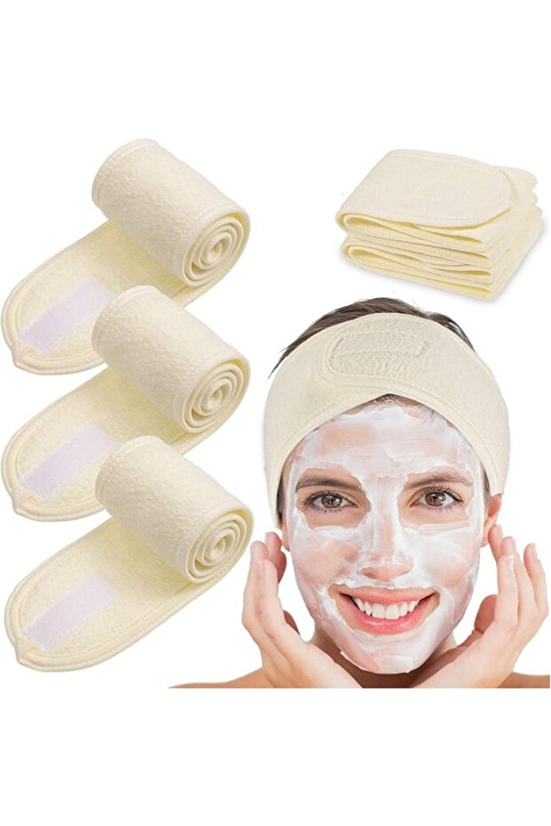 4 Pcs Yellow Terry Cloth Facial Spa Headbands, Adjustable Elastic Stretch Head Wraps, Soft Absorbent