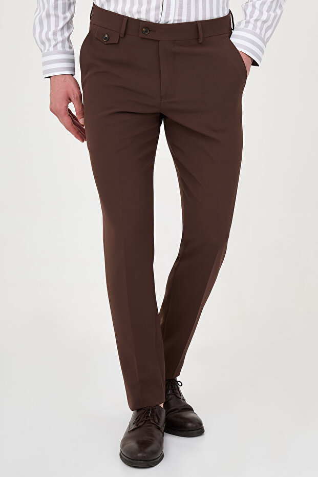 Straight Super Slim Fit Men's Trousers Brown - 38383.26Y