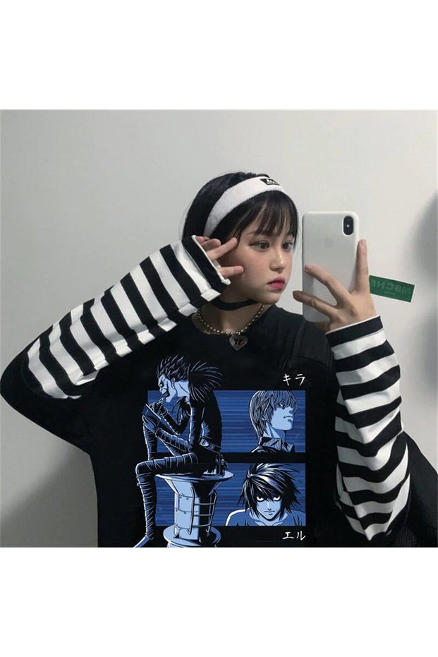 Mingalondon Touz Death Note Shinigami Ryuk (Unisex) Black and White Striped Sleeve T-Shirt