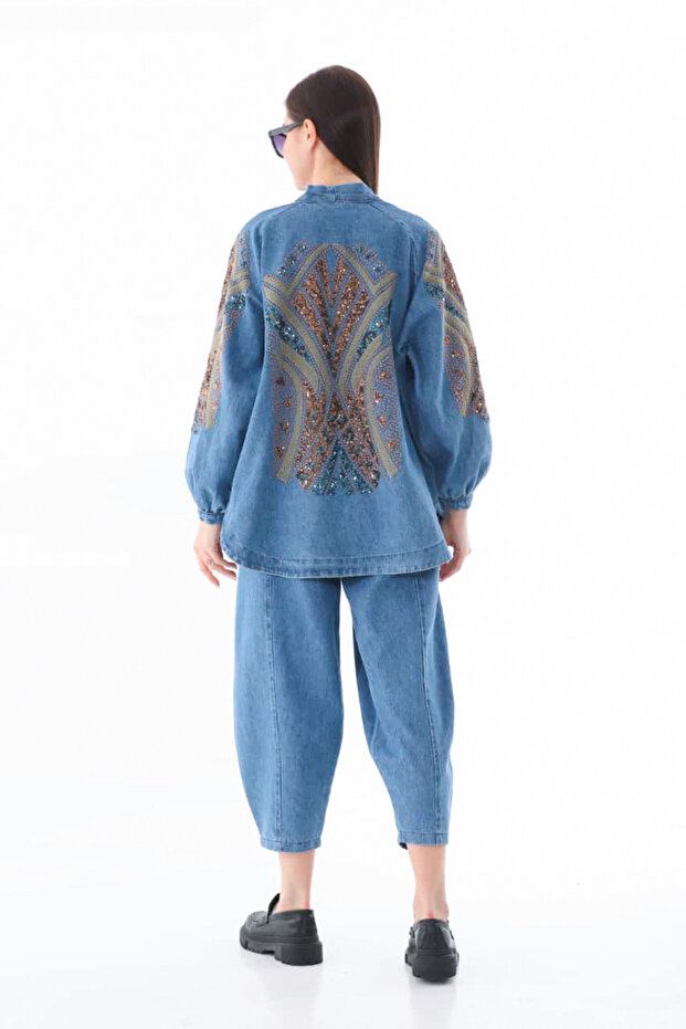Ethnic Embroidered Oversized Denim Kimono