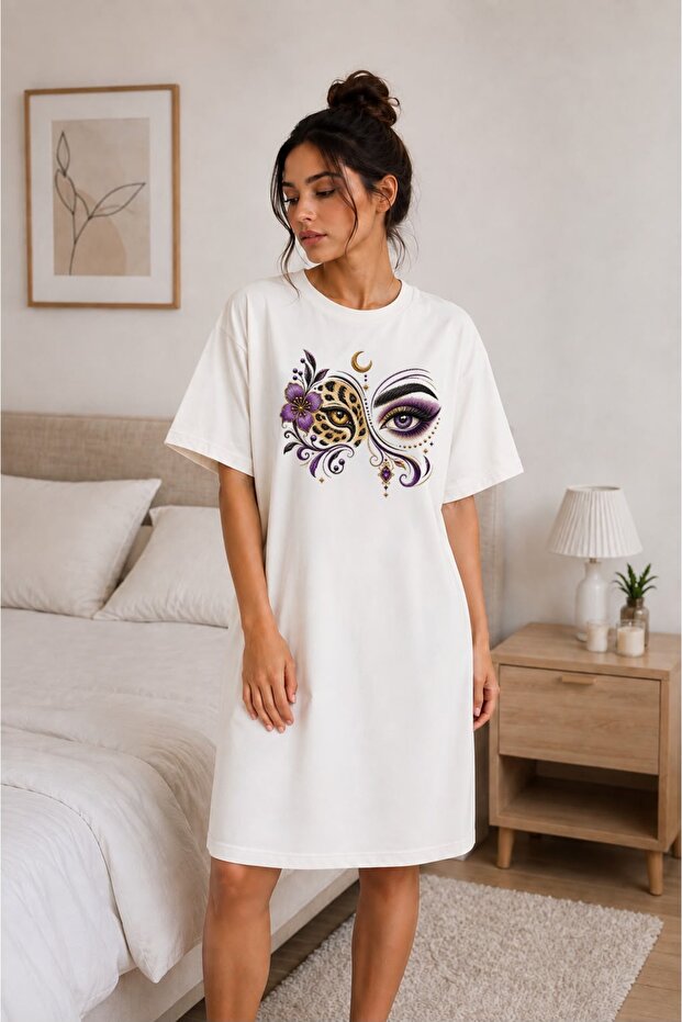 Leopard Eye and Purple Floral Patterned Oversize Extra Long Tunic T-Shirt