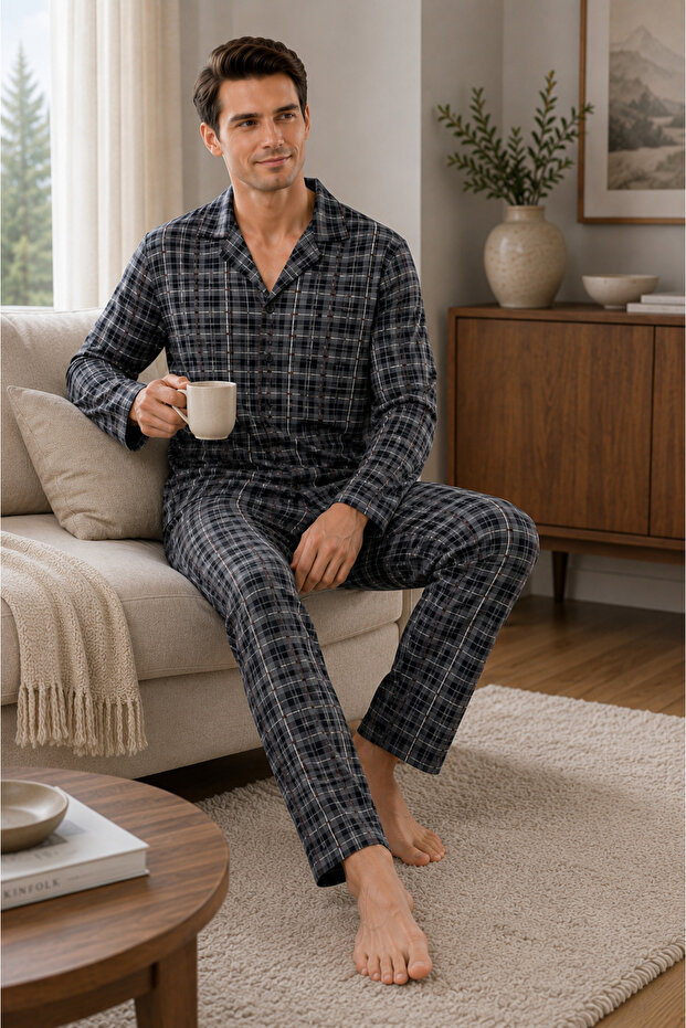 Plaid Pattern Long Sleeve Shirt Collar Buttoned Men's Pajama Set