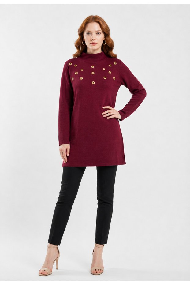 Burgundy Long Knitwear Women's Tunic Blouse