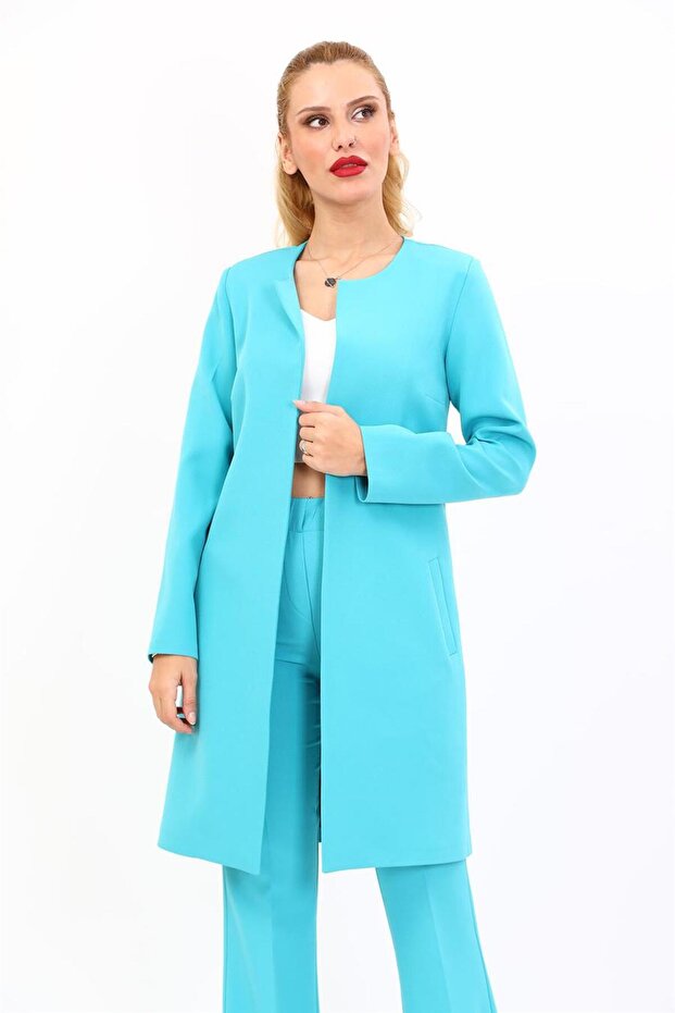 Zero Neck Straight Long Jacket-Turquoise