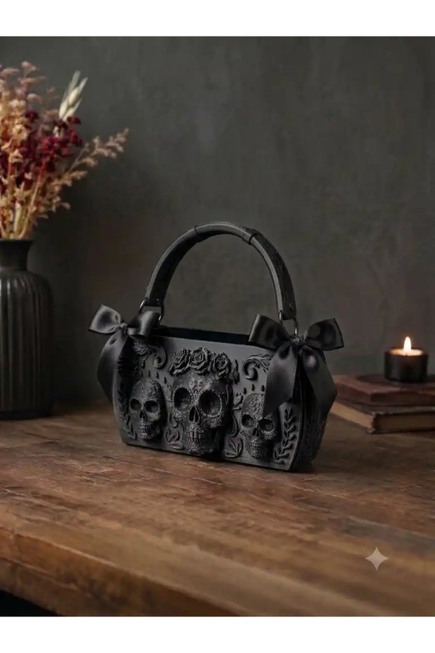 3D Printing Black Color Design Women's Bag with 3 Skulls – Special Design Handbag with Ribbon Detail
