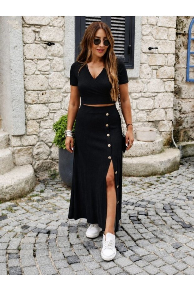 Women's Short Sleeve Double Breasted Collared Short Crop Ottoman Blouse and Midi Skirt Two-Piece Set