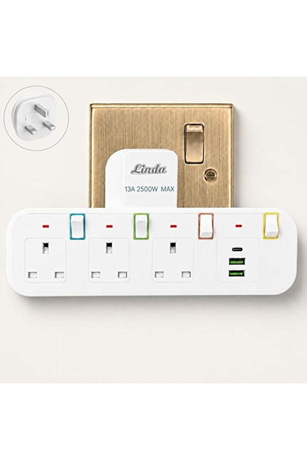 شريط طاقة بثلاثة مقابس بريطانية واثنين USB ومنفذ Type-C مع حماية من الحمل الزائد بقدرة 2500 واط باللون الأبيض