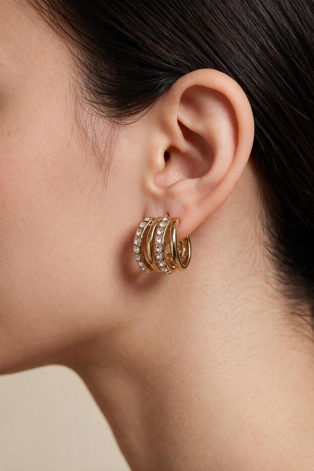 Women's Gold Color Stone Multi-Row Hoop Earrings