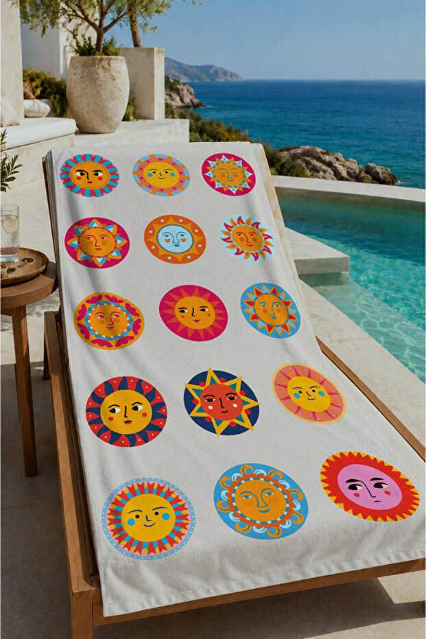 Colorful Astrology Zodiac and Sun Symbols Patterned 70X150 Beach Towel - Cotton Bath Towel