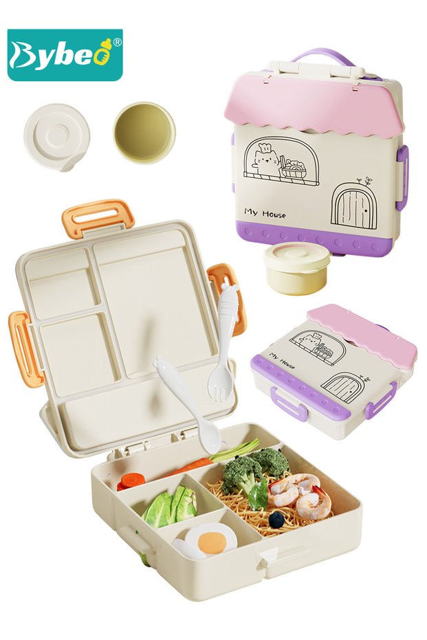 Portable Kids Bento Box, Children Lunch Boxs to School, Snack Containers for Travel, 4 Compartments Meal Prep Removable Divider, BPA Free, Microwave & Dishwasher Safe