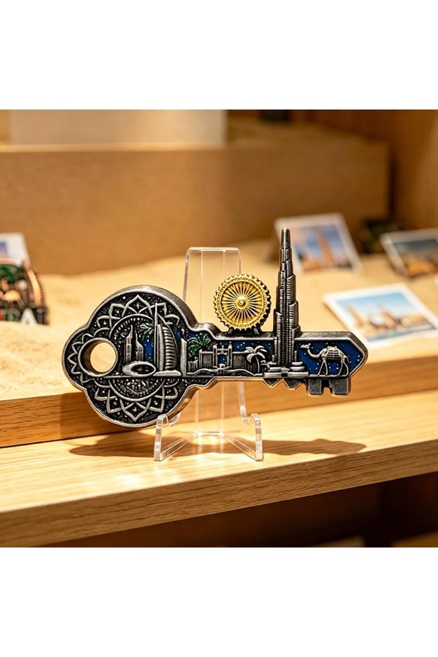 Creative metal key-shaped Dubai souvenir fridge decoration, featuring Burj Khalifa, Ferris wheel & camel. Ideal UAE travel gift for family & friends. Classic home kitchen ornament for holiday memory.
