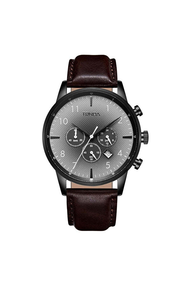 Men's Stainless Steel Black Watch, Brown Leather Band | Trnda-43mm