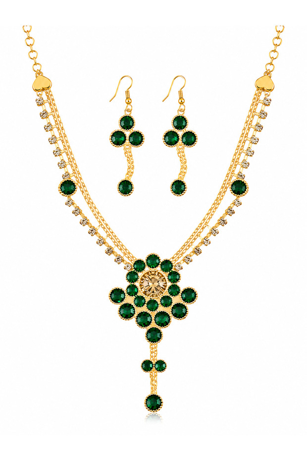 Crystal Necklace and Earrings Jewellery Set Gold-Tone Finish, Floral Pendant Design, Drop Earrings Included, Round Crystal Stones, 2 PCS Set
