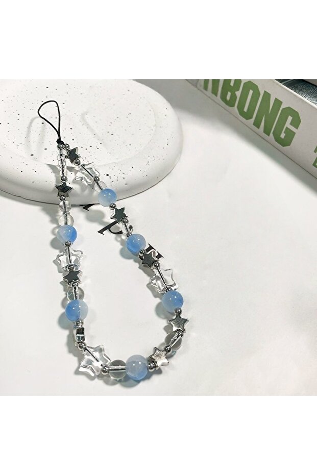 Plastic Light blue Cool Blue Star Mobile Phone Strap with Silver Transparent Beads – A Stylish, Anti