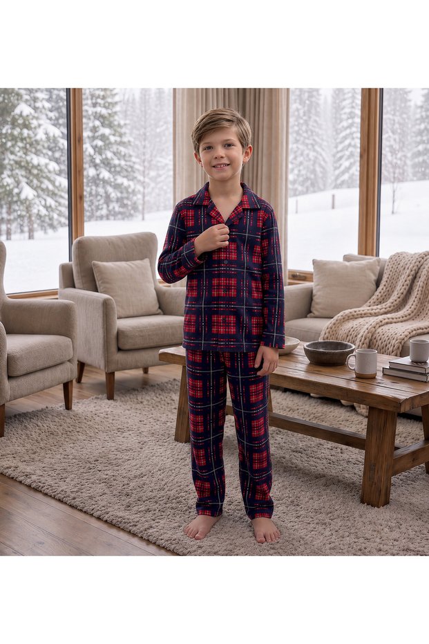 Boy's Cotton Plaid Pattern Buttoned Long Sleeve Soft Pajama Set