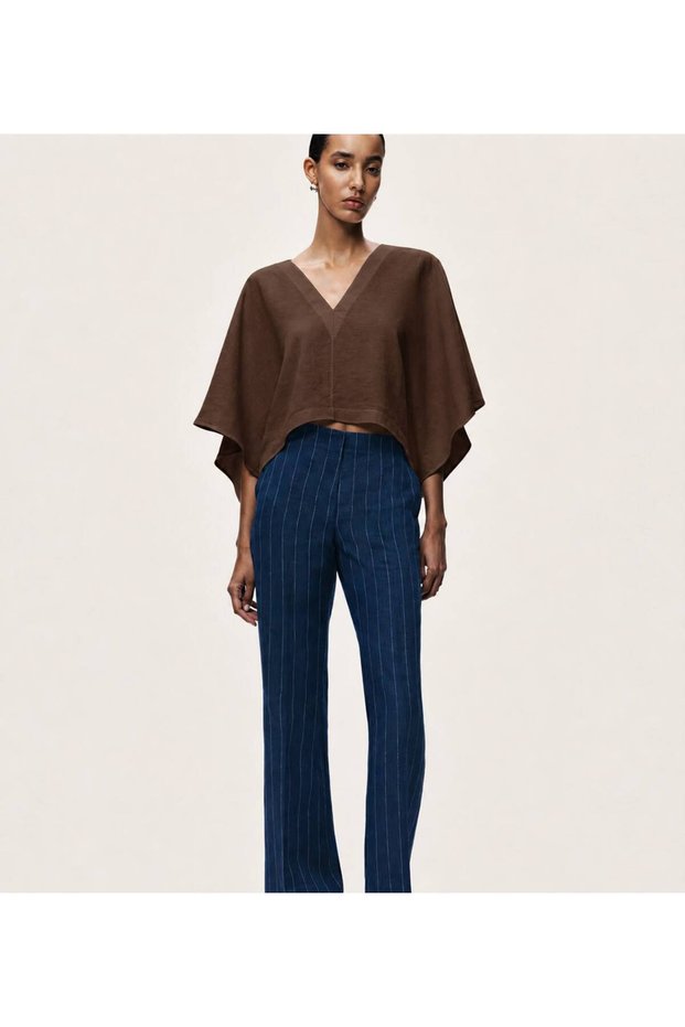 Women's Brown Linen Look Short Blouse with Belt Detail