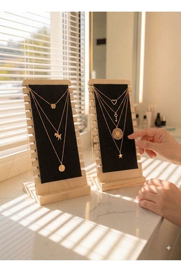 2 Piece Black Decorative Wooden Jewelry Organizer Stand Necklace Bracelet Accessory Organizer Gift