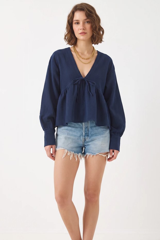 Women's V-Neck Tie-Detail Muslin Navy Blue Blouse