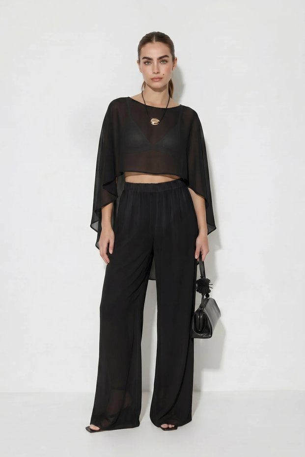 Women's Chiffon Cape Blouse with Elastic Waist Loose Black Pants Set