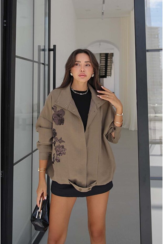 Camel Embroidered Bomber Jacket