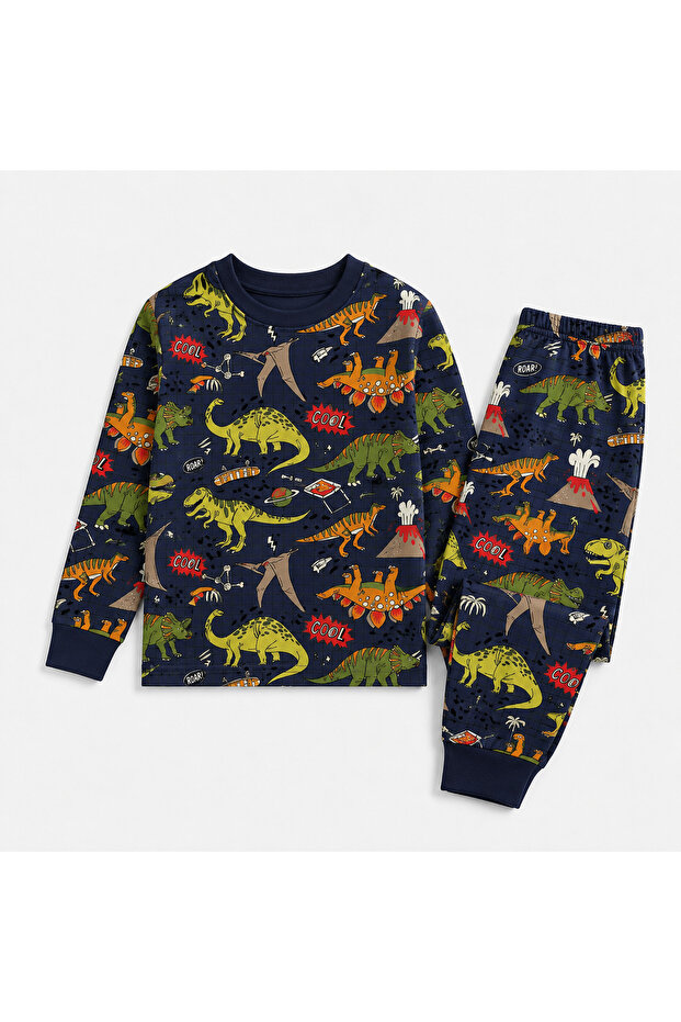 Boy's 100% Cotton Dinosaur Print Stretchy Long-Sleeve Pajama Set