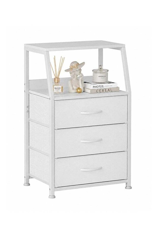 Deal Forthcan White Nightstand with 3 Fabric Drawers & 2-Tier Shelf, Small Bedside Table Storage Organizer with Steel Frame & Wood Top, End Table for Bedroom, Nursery, Closet & Hallway