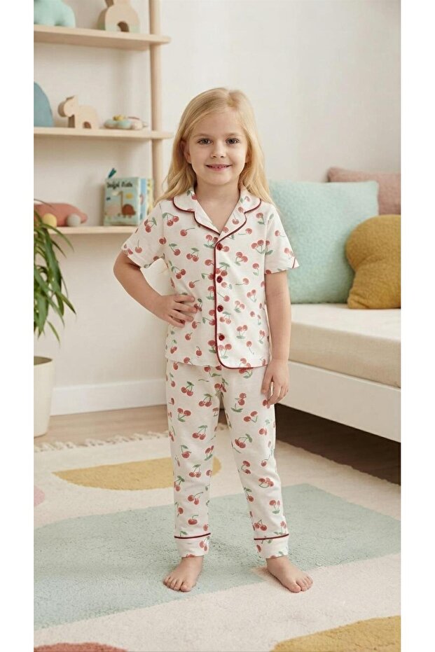 Dlş 6190 Girl's 100% Cotton White Cherry Combed Cotton Buttoned Pajama Set