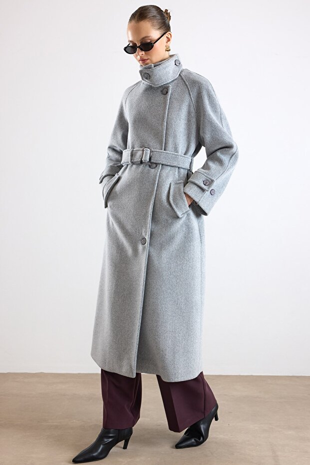 High Collar Button Detail Oversize Coat Light Gray 3177
