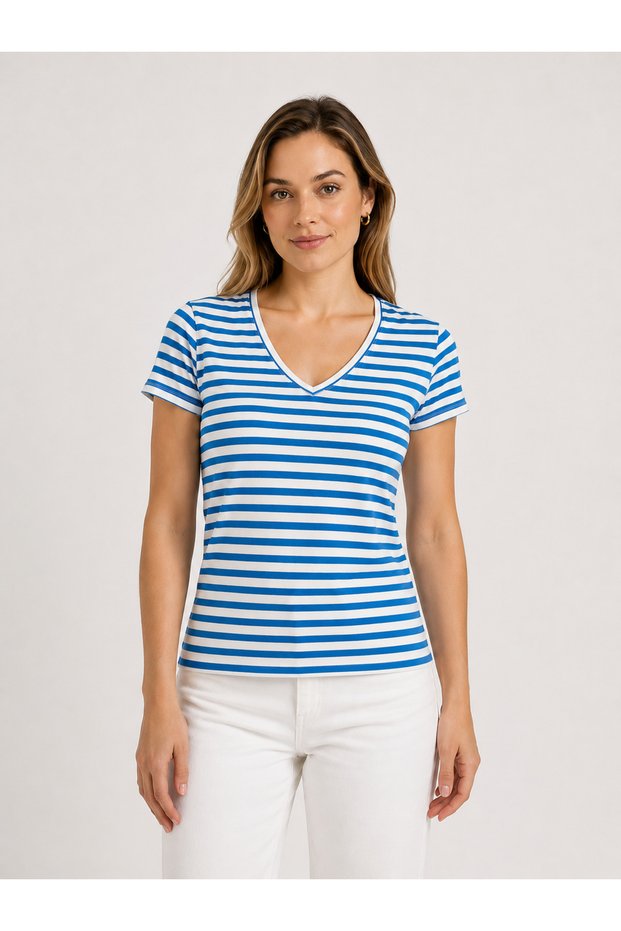 Women's V-Neck Short Sleeve Striped T-Shirt