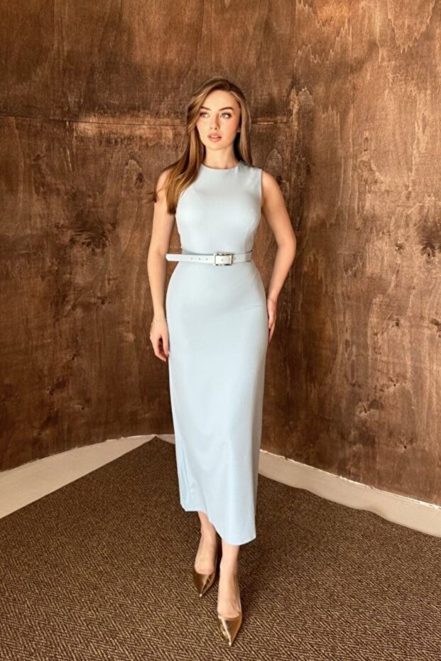 Baby Blue Belted Slit Sleeveless Dress