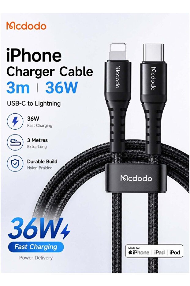 36W PD Fast Charging Cable for iPhone, 3M, USB-C to Lightning Braided, iPad AirPods