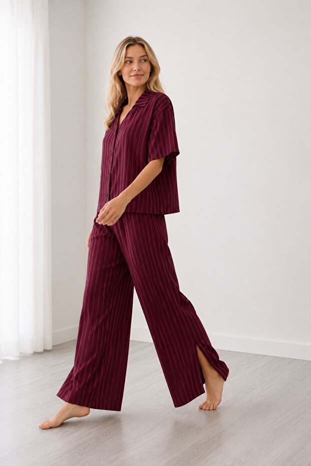 Viscose Woven Burgundy Striped Short Sleeve Shirt Collar Wide Leg Pajama Set