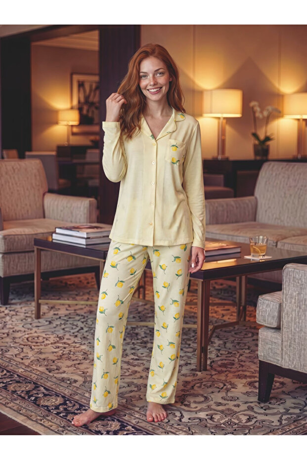 Yellow Lemon Patterned Cotton Women's Pajama Set