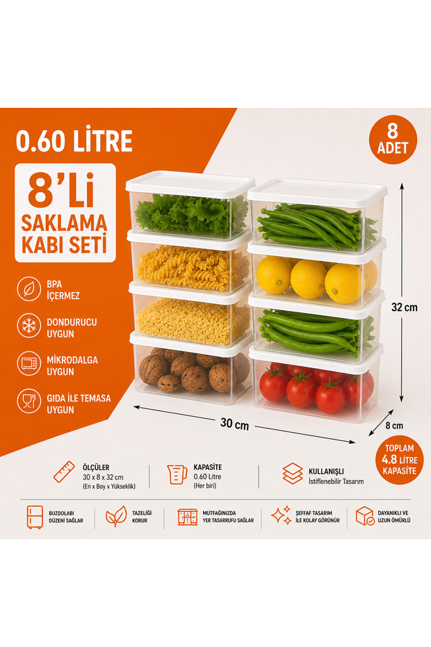 8-Piece Airtight Storage Container Set with White Lid 0.6 Lt