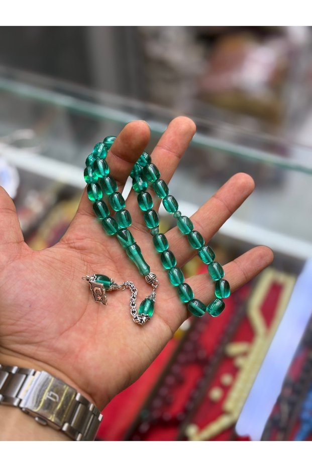 Transparent Blue Capsule Cut Fire Amber Prayer Beads