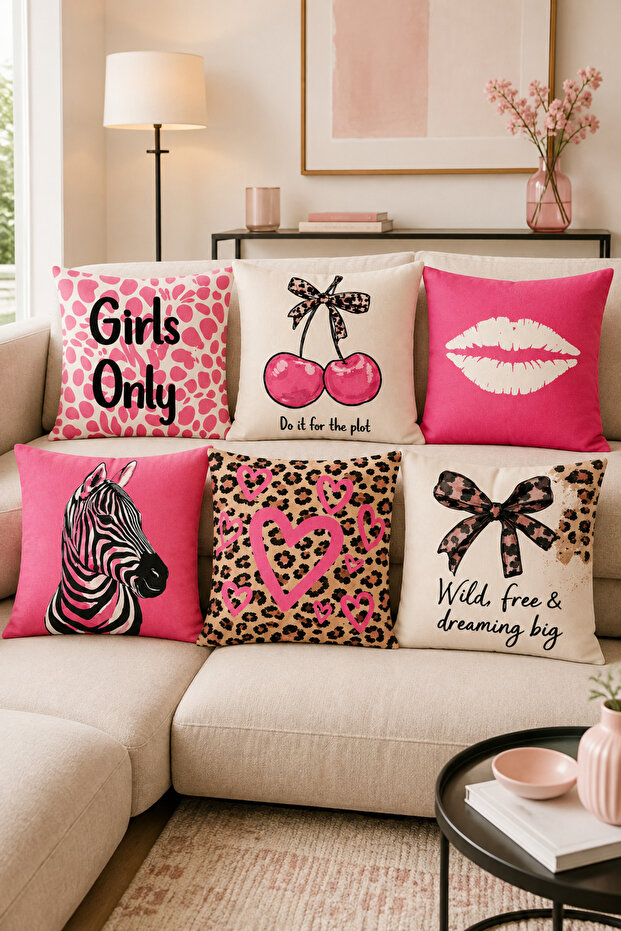 Pink Leopard Cherry Zebra Lip Pattern Decorative Throw Pillow Cover – Set of 6 (Double Sided)