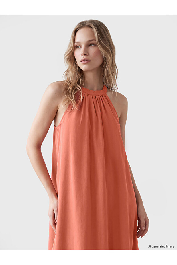 Brown Halter Neck A-Line Long Dress