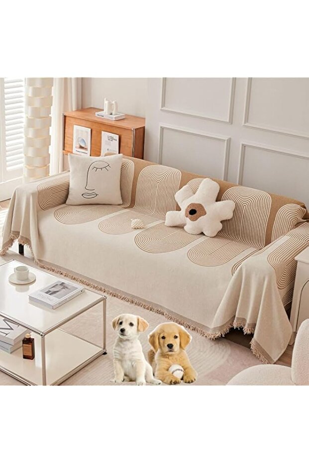 Reversible Double Sided chenille Sofa Cover,Multifunctional Sofa ProtectorTowel,Geometric Line Pattern, Non-Slip,with Tassel (Brown, 180 * 130cm)