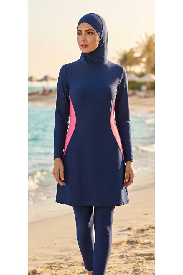 Long Sleeve Tights Hijab Swimsuit Navy Blue